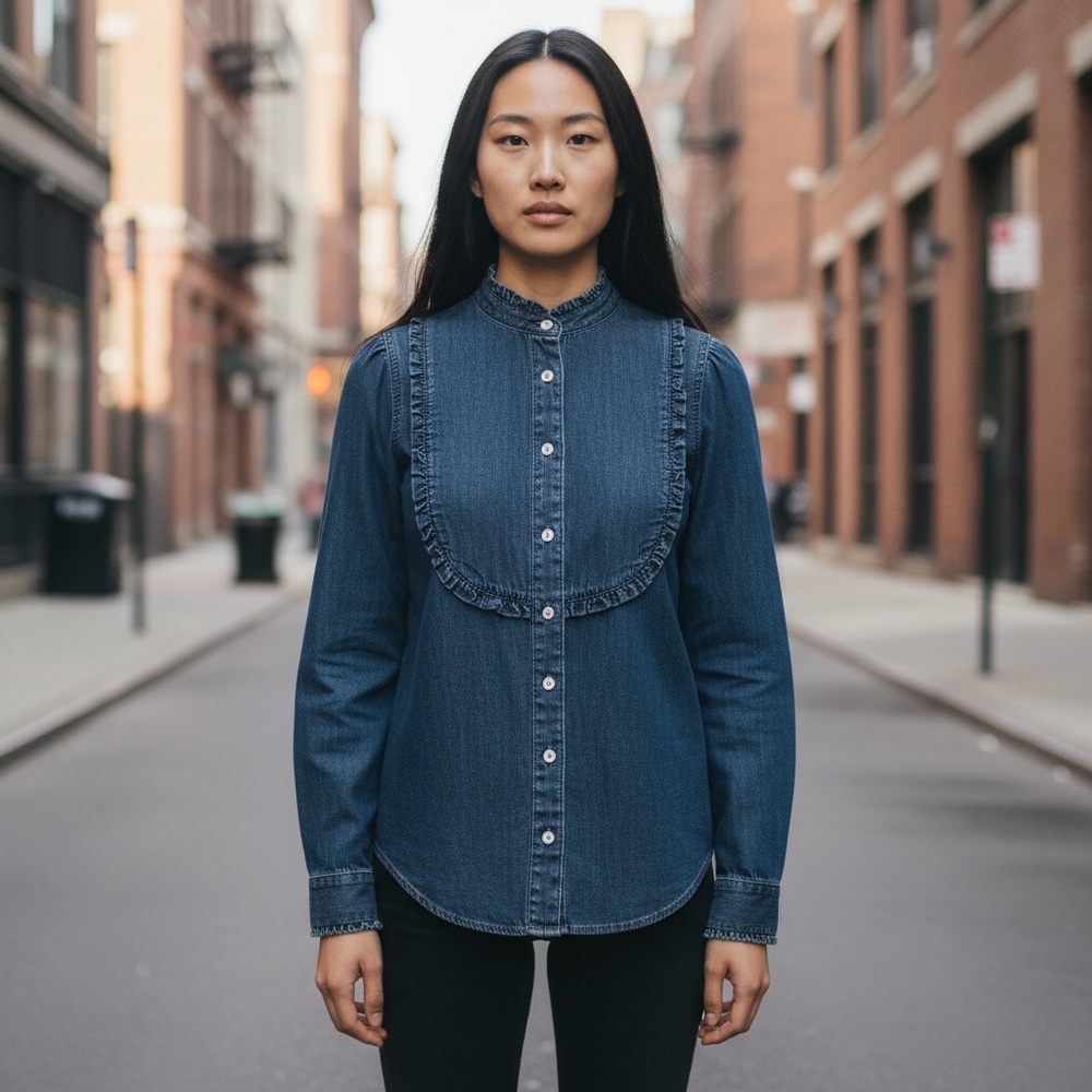 GAP Denim Ruffle Western Bib Prairie Chambray Button Down Romantic Blouse – XS